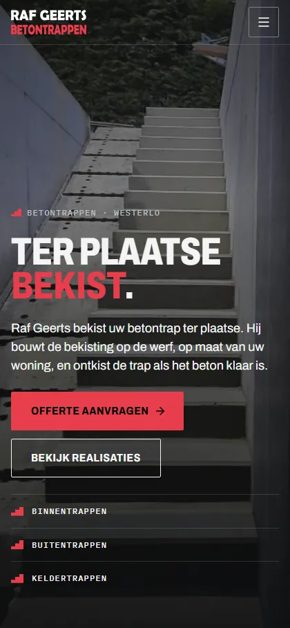 Raf Geerts Betontrappen on a phone, top of the page