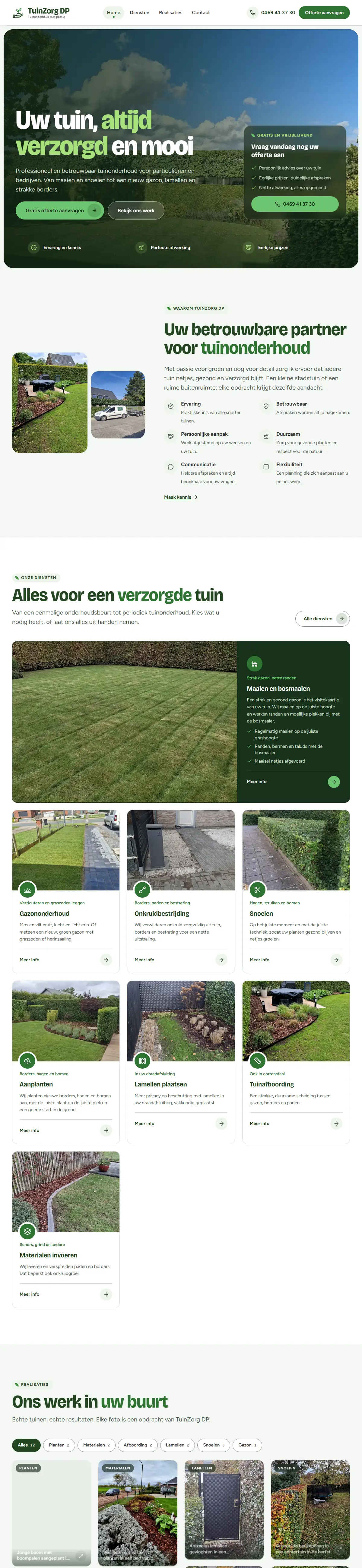 La page d'accueil complète de TuinZorg DP sur ordinateur