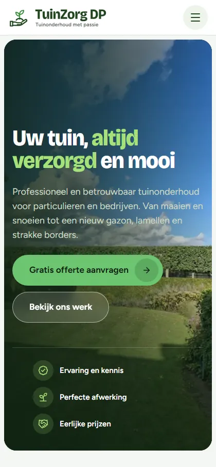 TuinZorg DP sur un téléphone, haut de la page