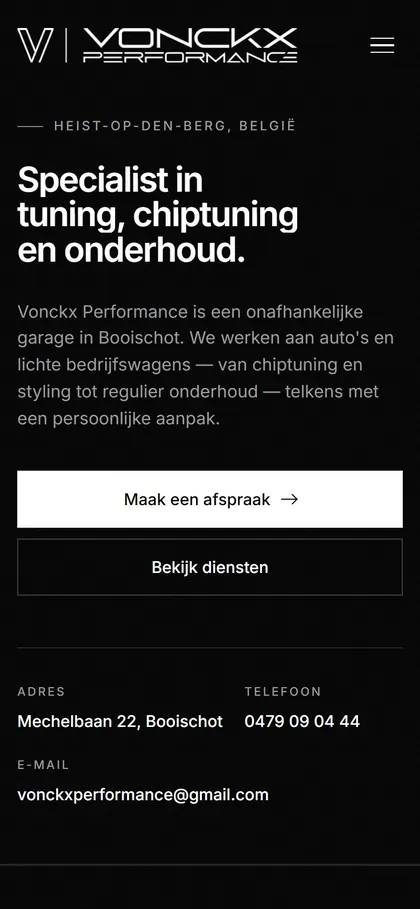 Vonckx Performance on a phone, top of the page