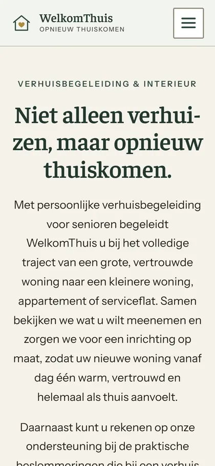 WelkomThuis on a phone, top of the page